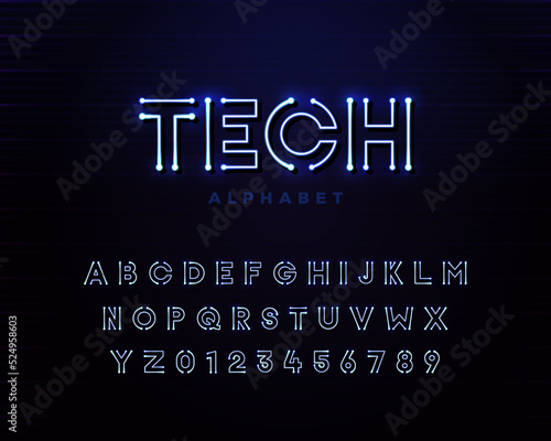 Tech vector font typeface unique design with led neon light lamps. For technology, circuits, engineering, digital , gaming, sci-fi and science subjects.