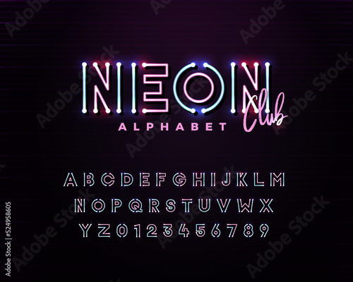 Neon Club led light 3d alphabet. Retro futuristic technology original type font. Blue and pink color Vector typeface. Modern typography elements based on clubs, discos, music events, games, trendy