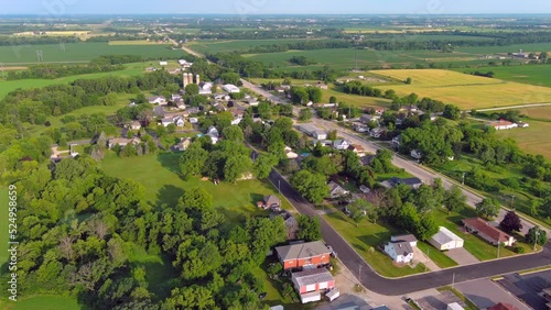 Aerial view of scenic, tranquil small rural Wisconsin town in the American Heartland.
