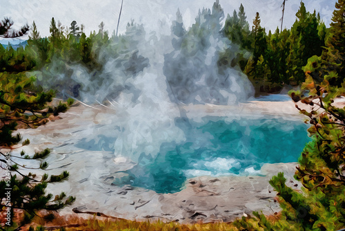 Digitally created watercolor painting of steam rising from a thermal spring in Yellowstone National Park