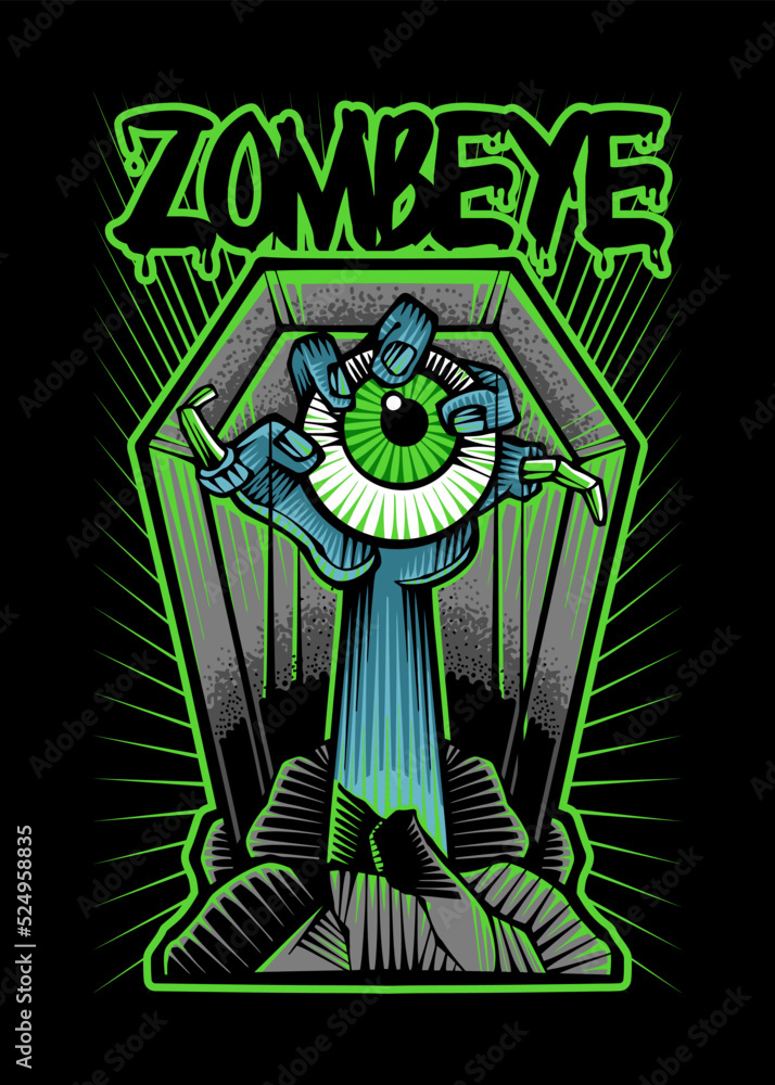 Fototapeta premium Zombie with Eye on Hand coming out from Graveyard Vector Japanese Illustration Style Isolated. Editable Layer and Color. Zombie hand coming out of grave holding eyeball for Halloween Event.