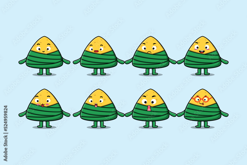 Fototapeta premium Set kawaii chinese rice dumpling cartoon character with different expressions of cartoon face vector illustrations