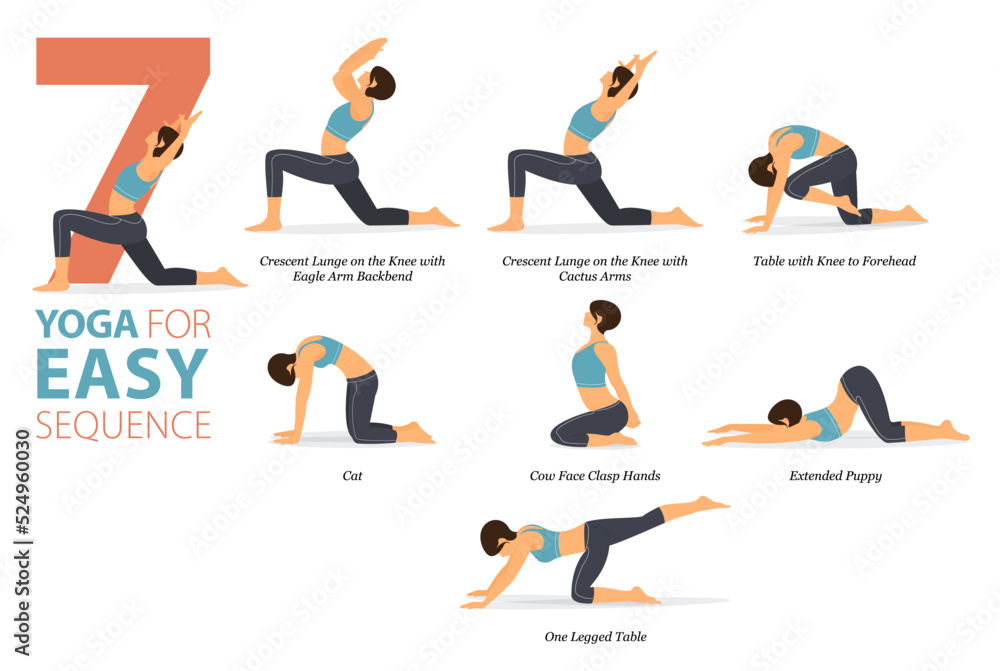 7 Yoga poses or asana posture for workout in easy sequence concept. Women exercising for body stretching. Fitness infographic. Flat cartoon vector