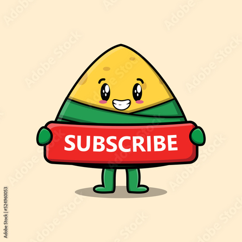 Cute cartoon chinese rice dumpling character holding red subscribe board