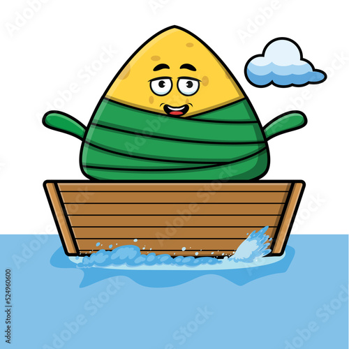 cute cartoon chinese rice dumpling get on boat in vector character illustration