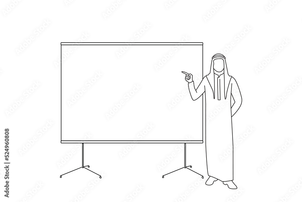 Illustration of young arabic business man showing on whiteboaard isolated on white background. Outline drawing style art Illustration of young arabic business man showing on whiteboaard isolated on white background. Outline drawing style art