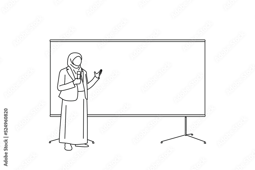 Illustration of beautiful hijab female worker in a formal outfit holding a microphone talking and giving a lecture standing beside whiteboard. One line art Illustration of beautiful hijab female worker in a formal outfit holding a microphone talking and giving a lecture standing beside whiteboard. One line art