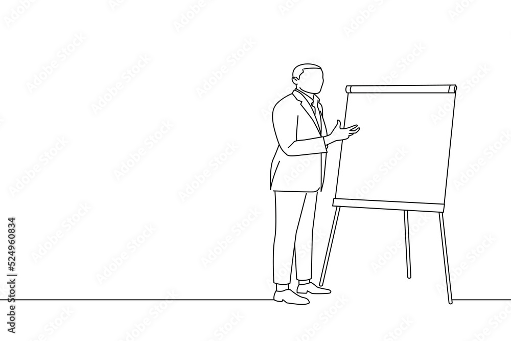 Drawing of confident speaker gives presentation with flipchart presenting new marketing project. One line art Drawing of confident speaker gives presentation with flipchart presenting new marketing project. One line art