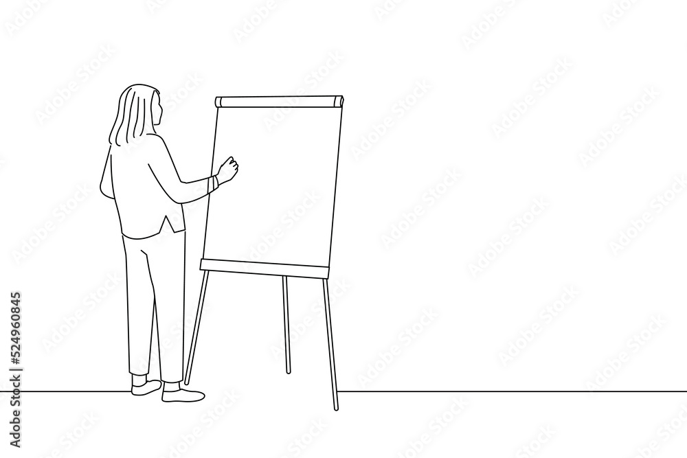 Drawing of female teacher conducts webinars, classes or school lessons writing on flip chart with a marker pen. Oneline art drawing style