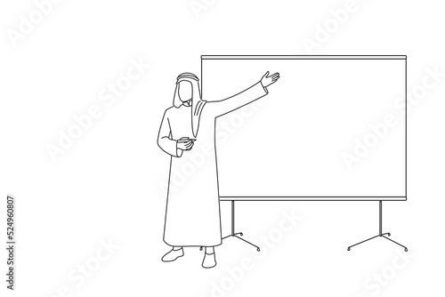 Cartoon of saudi arab man giving presentation in conference room in office. Line art style