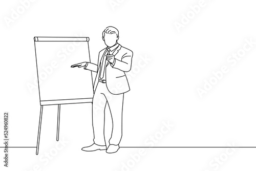 Cartoon of confident businessman making presentation on flipchart over white background. Line art style