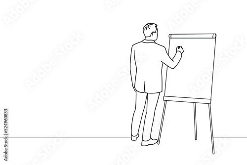 Cartoon of businessman writing on a flipchart. Oneline art drawing style