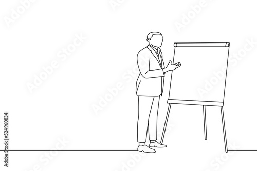 Drawing of confident speaker gives presentation with flipchart presenting new marketing project. One line art