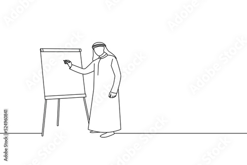 Cartoon of arab businessman giving presentatio with flipchart. Line art style