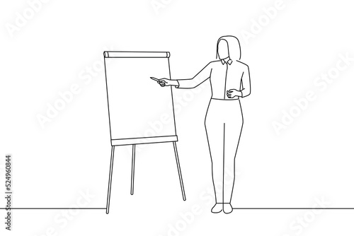 Illustration of young female coach or speaker make whiteboard presentation for diverse employees in office. Outline drawing style art
