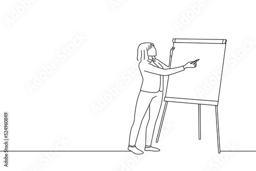 Cartoon of distance training, online lecture. female teacher conducts online lesson for students via video conference. One line art