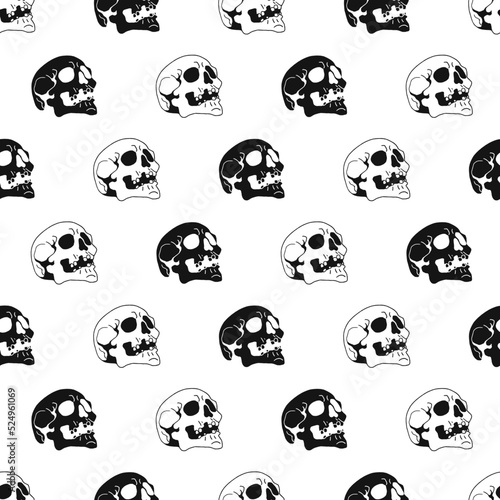 Black White Head Skull Bones Creepy Vector Graphic Seamless Pattern