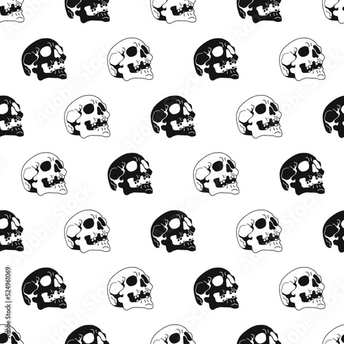 Black White Head Skull Bones Creepy Vector Graphic Seamless Pattern