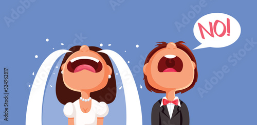 Groom Refusing to Marry his Crying Bride Vector Cartoon Illustration. Happy bride being left at the altar by her fiancé 
