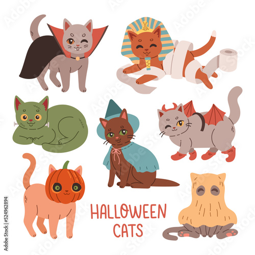 Halloween Cats Costume Party. Illustration and vector elements of group of cats in halloween costumes