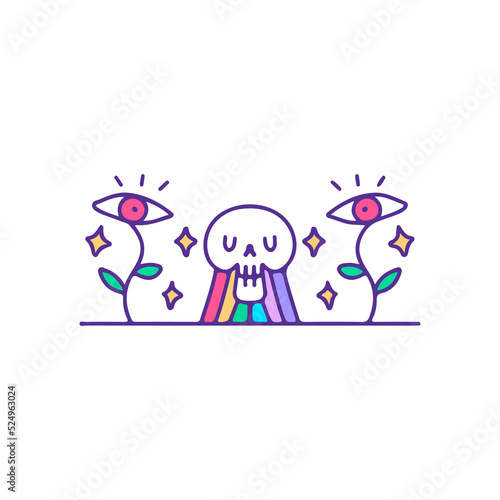 Rainbow skull with one eye flowers, illustration for t-shirt, sticker, or apparel merchandise. With doodle cartoon style.
