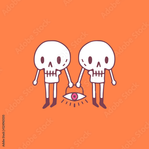 Cute skulls character with one eye symbol, illustration for t-shirt, sticker, or apparel merchandise. Modern street art cartoon.