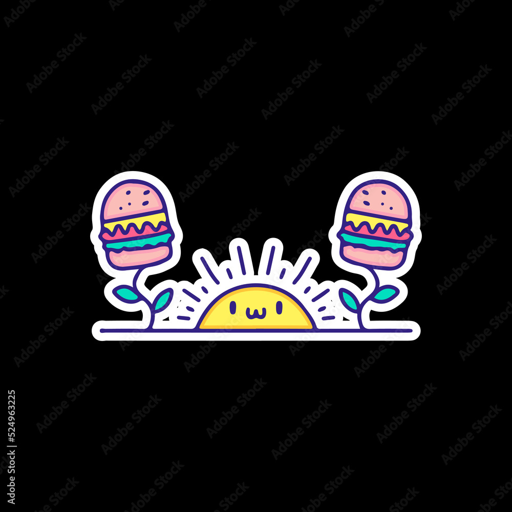 Obraz premium Funny burger flowers and sun, illustration for t-shirt, sticker, or apparel merchandise. With doodle, retro, and cartoon style.
