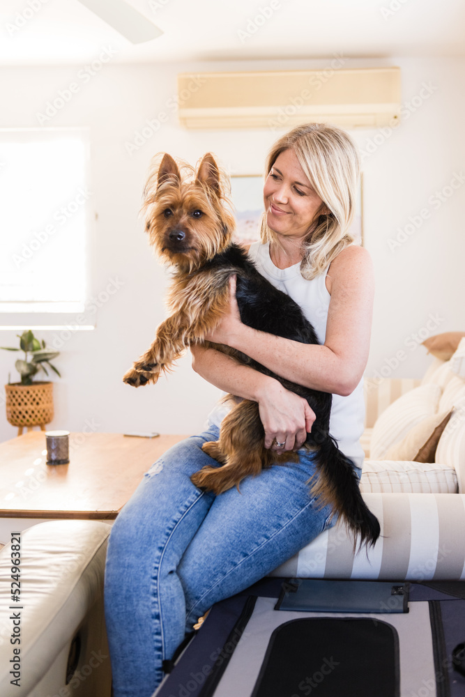 woman holding Australian Terrier dog woman holding Australian Terrier dog