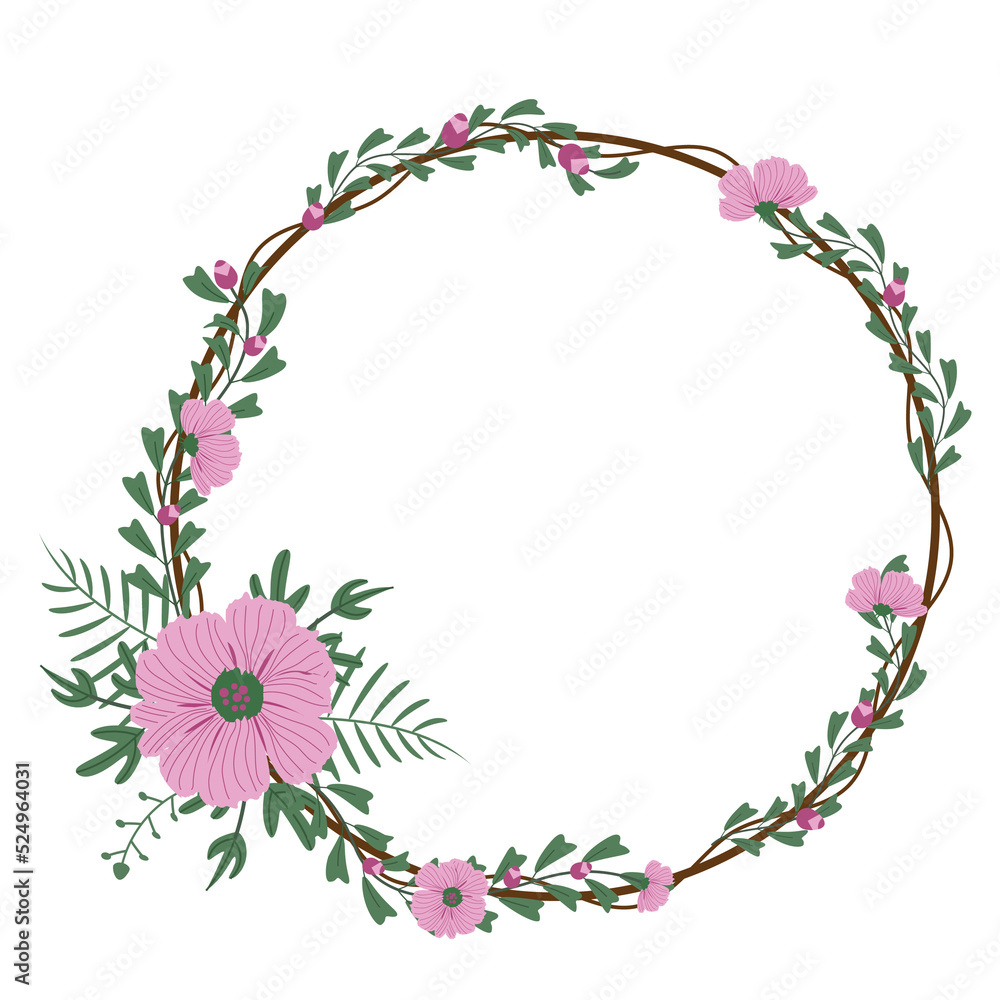 Round wreath with twigs with pink floral .design graphic Round wreath with twigs with pink floral .design graphic