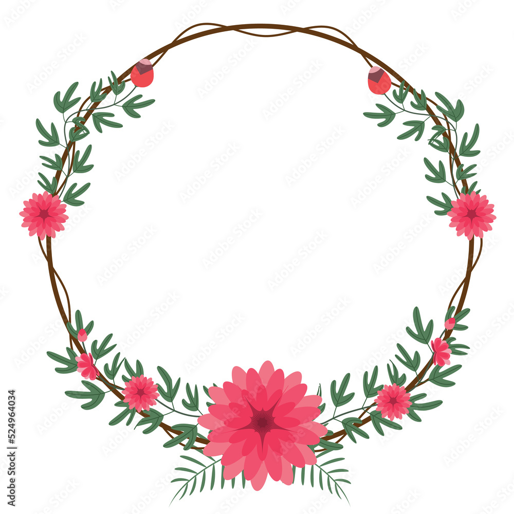 Round wreath with twigs with pink floral .design graphic Round wreath with twigs with pink floral .design graphic
