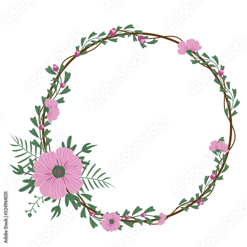 Round wreath with twigs with pink floral .design graphic