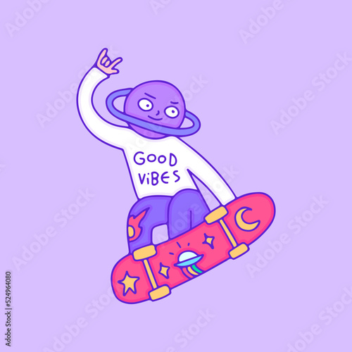 Cool Saturn planet character freestyle with skateboard, illustration for t-shirt, sticker, or apparel merchandise. With modern pop art.