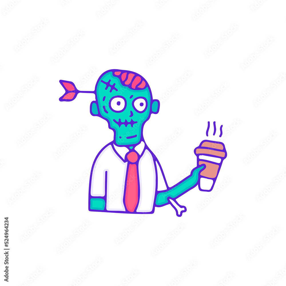Worker zombie drink cup of coffee, illustration for t-shirt, sticker, or apparel merchandise. With doodle, retro, and cartoon style.