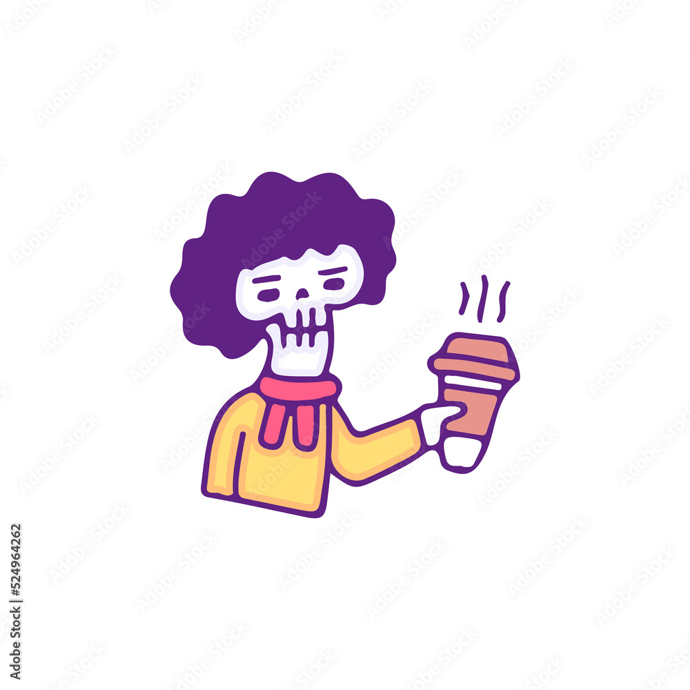 Cool skull with afro hair drink a cup of coffee, illustration for t-shirt, sticker, or apparel merchandise. With doodle, retro, and cartoon style.