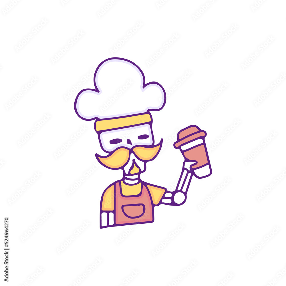 Cool skull chef drink a cup of coffee, illustration for t-shirt, sticker, or apparel merchandise. With doodle, retro, and cartoon style. Cool skull chef drink a cup of coffee, illustration for t-shirt, sticker, or apparel merchandise. With doodle, retro, and cartoon style.