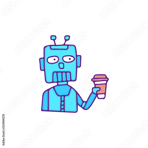 Cool robot character drink coffee, illustration for t-shirt, sticker, or apparel merchandise. With doodle, retro, and cartoon style.
