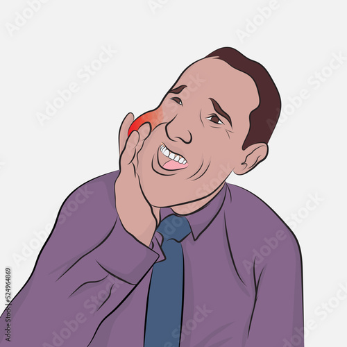 Tooth pain, man with tooth pain, red face. Vector tooth pain.