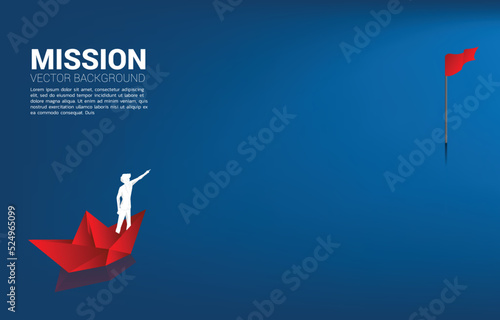 Silhouette of businessman standing and point ahead on paper ship move to goal. Business Concept of finding opportunity and goal vision mission.