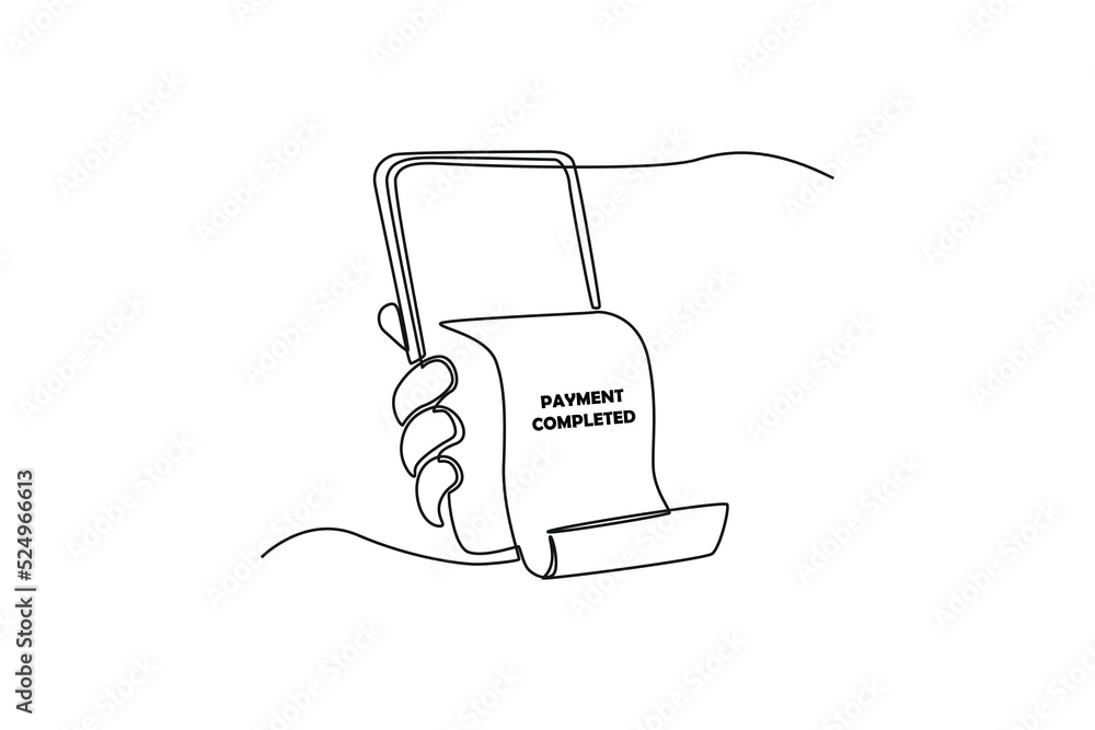 Single one line drawing smartphone with payment paper . Financial technology concept. Continuous line draw design graphic vector illustration. Single one line drawing smartphone with payment paper . Financial technology concept. Continuous line draw design graphic vector illustration.