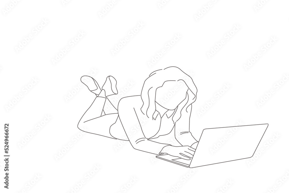 Cartoon of businesswoman lie floor work laptop get incredible blogging notification impressed scream wow omg. Line art style Cartoon of businesswoman lie floor work laptop get incredible blogging notification impressed scream wow omg. Line art style