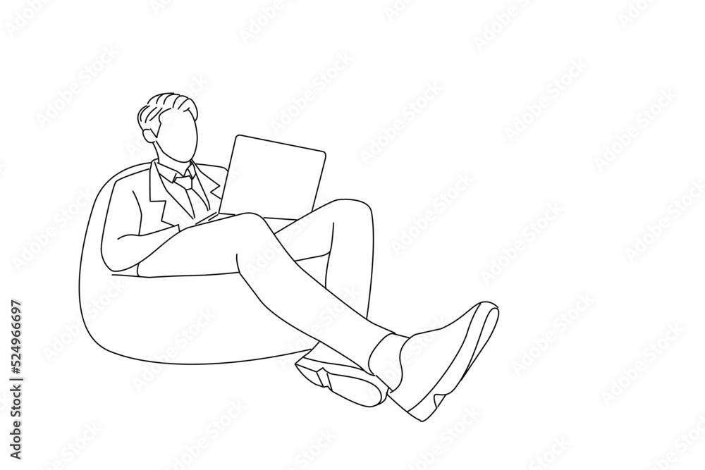 Drawing of young businessman sitting in pouf and using laptop. Line art style