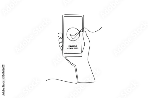 Single one line drawing checkmark on smartphone for payment by online. Financial technology concept. Continuous line draw design graphic vector illustration.