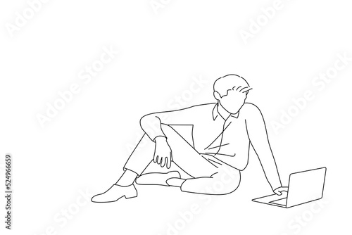 Illustration of businessman sitting using laptop watching tutorial isolated over white background. Line art style