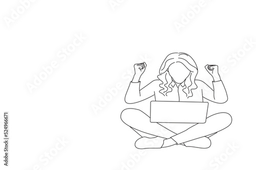 Drawing of ecstatic business woman sit floor legs crossed work remote win contract. Outline drawing style art