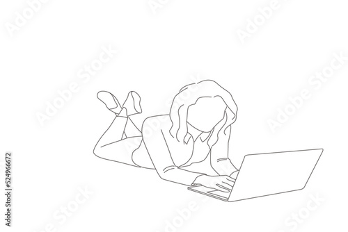 Cartoon of businesswoman lie floor work laptop get incredible blogging notification impressed scream wow omg. Line art style