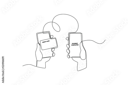 Single one line drawing human hands holding smartphone with credit card on screen for payment by online. Financial technology concept. Continuous line draw design graphic vector illustration.