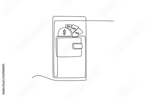 Single one line drawing wallet app page on mobile phone screen. Financial technology concept. Continuous line draw design graphic vector illustration.