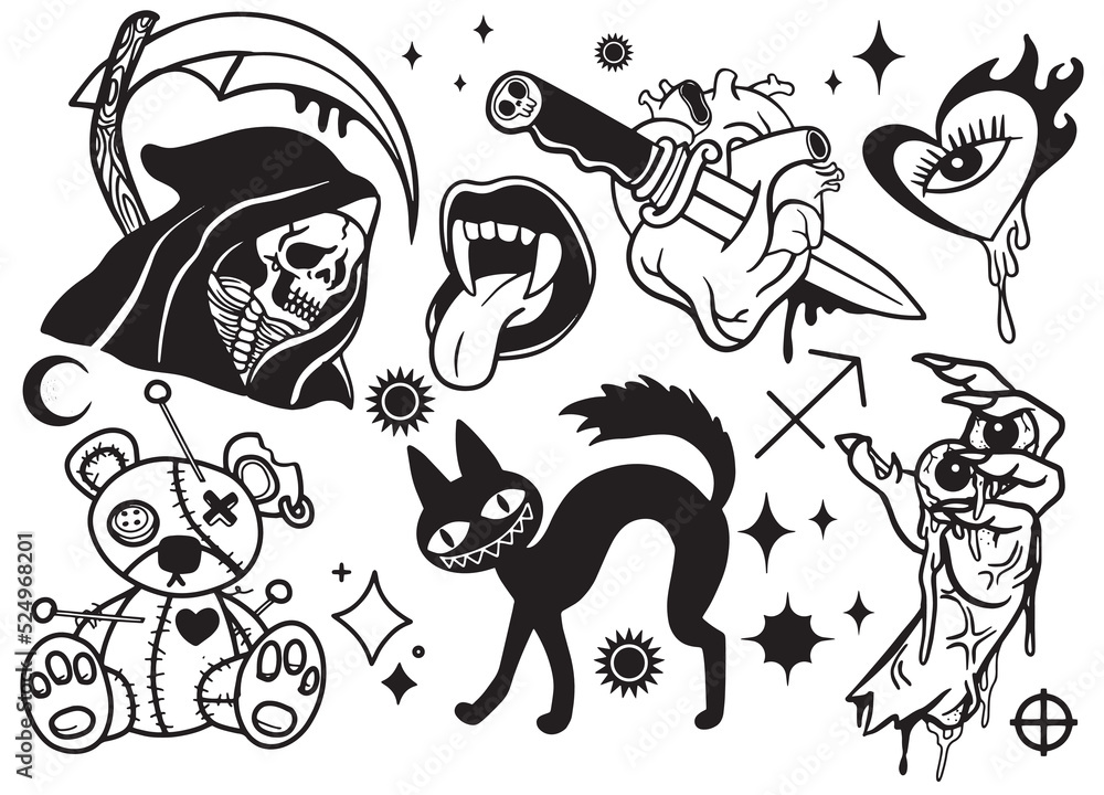 Old school traditional vector flash sheet illustrations, hand drawn