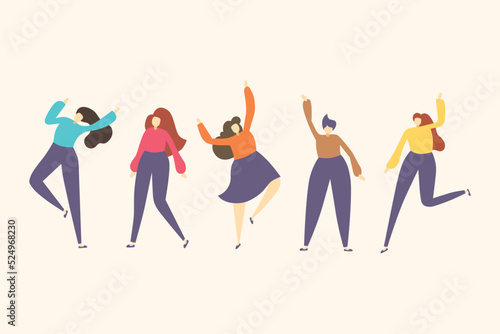 Group of young happy dancing female isolated.Colorful vector illustration in flat color.