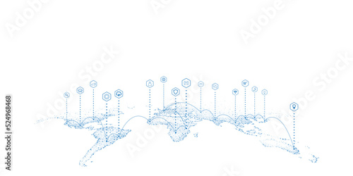 World map background illustration with futuristic communication technology. Use of Information and Interconnection. The concept of connecting people from different cities around the world.